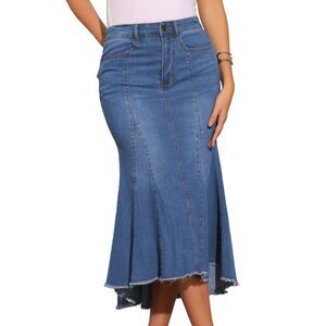 Washed Fishtail High Waist Jean Denim Fashion Casual Midi Skirt Medium Blue